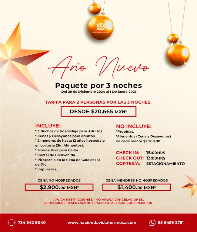 oferta oferta año nuevo hospedaje hotel Hacienda Vista Hermosa Tequesquitengo